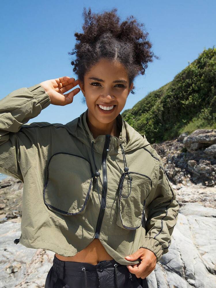 Contrast Piping Zip Up Hooded Softshell Jacket