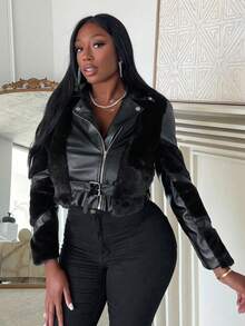 Slaydiva 毛茸茸拼塊拉鏈開襟PU皮革機車夾克 - 黑色 - 查看 4