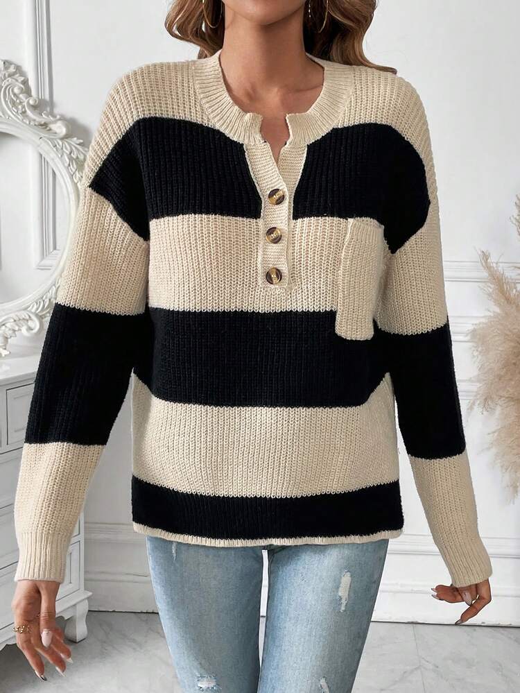 Colorblock Button Front Drop Shoulder Pocket Patched Knit Pullover Fall Winter Sweater