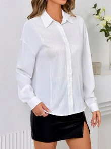 SHEIN Privé 純色下垂肩亮片細節襯衫 - 白色 - 查看 4