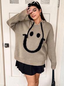 Flirla Plus Cartoon Pattern Drop Shoulder Drawstring Hooded Sweater Knit Pullover Fall Winter Sweater - Khaki - View 3
