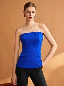 BizChic Button Front Flap Detail Tube Top - Blue - View 6
