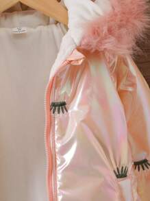 SHEIN Girls' Pink Flower Embossed Zipper Hooded Thick Padded Coat - Pink - View 3