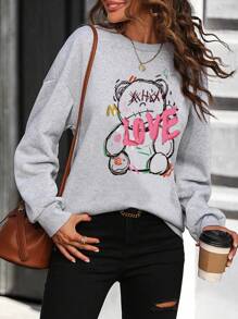 SHEIN LUNE Đồ họa chữ cái & Gấu Thả vai Áo nỉ - Màu Xám nhạt - Xem 3