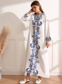 Al Najma Leaf Pattern Long Sleeve Dress - Blue - View 3