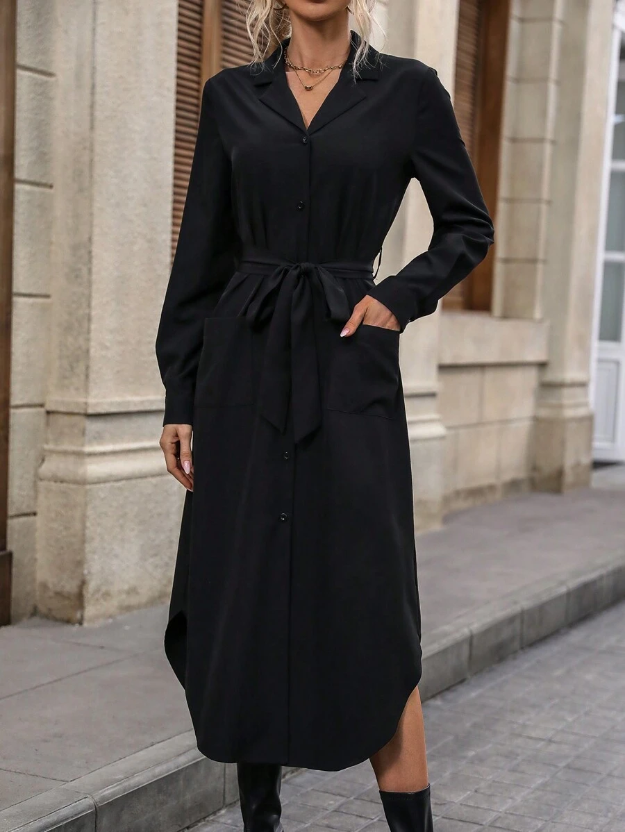 SHEIN LUNE Túi Kép Thắt lưng Váy sơ mi - màu đen - Xem 1