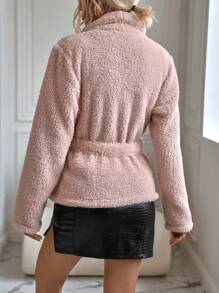 SHEIN Clasi 大翻領腰帶絨毛外套 - 淺粉色 - 查看 2