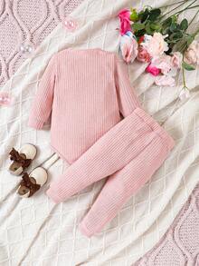 Đứa bé gái Chi tiết Nút Áo liền quần chặt & Quần - Hồng - Xem 2