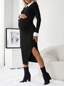 SHEIN 孕婦拼接領高衩緊身洋裝