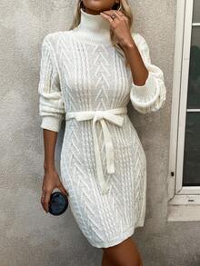 Chiquease High Neck Cable Knit Belted Sweater Dress - Apricot - View 6