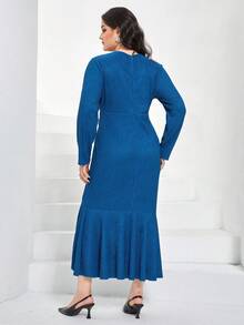 Modelyn Hơn Surplice cổ Viền Ruffle Váy Wrap Hem - Xanh đậm - Xem 2