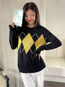 SHEIN LUNE 菱格纹落肩针织套头衫，适合秋冬季穿着 - 黑色 - 查看 3
