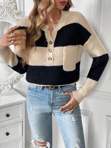 Chiquease Áo len chui đầu phối màu, cài cúc phía trước, vai rớt, có túi, kiểu dáng thu đông. - Nhiều màu - Xem 4