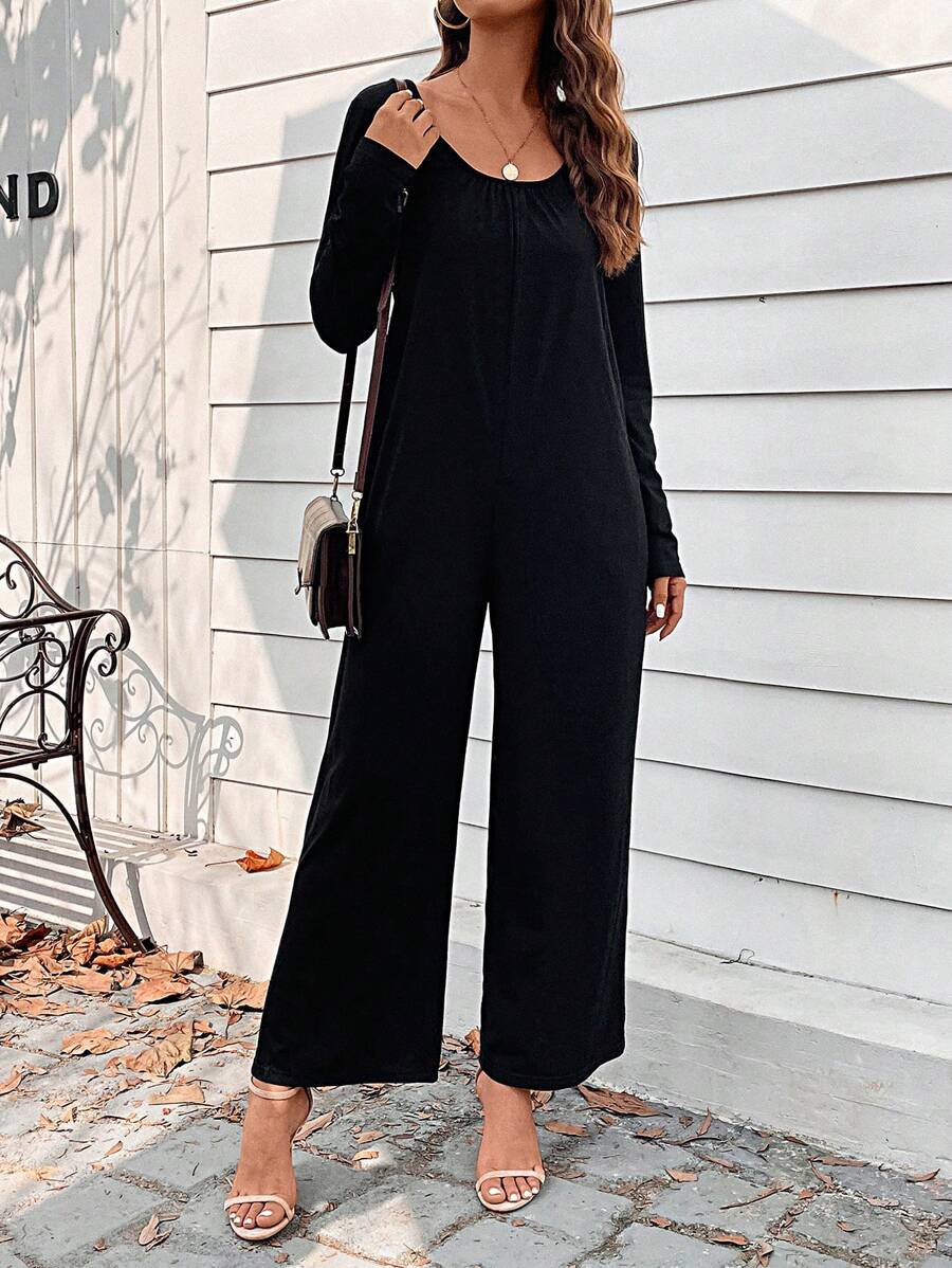 SHEIN LUNE 素色闊腿連體褲 - 黑色 - 查看 1