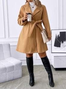 SHEIN Clasi 大碼西裝領腰帶花呢外套 - 卡其色 - 查看 1