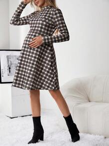 SHEIN Maternity Plaid Print Mock Neck Dress - Brown - View 8