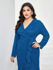 Modelyn Hơn Surplice cổ Viền Ruffle Váy Wrap Hem - Xanh đậm - Xem 3
