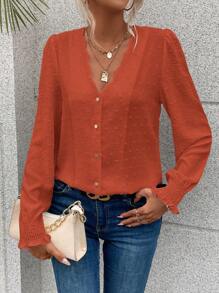 SHEIN Frenchy Chấm Swiss Cắt vỏ sò tay áo lá sen Nút phía trước Áo sơ mi - Rỉ Nâu - Xem 1