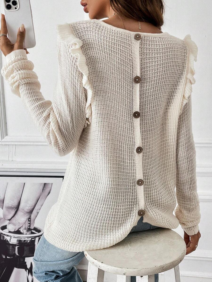 SHEIN LUNE 荷叶边纽扣后背华夫格针织套头衫秋冬毛衣 - 杏色 - 查看 1