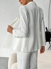 SHEIN Privé Contrast Lace Double Button Blazer - White - View 2