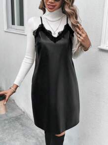 Chiquease Chất rắn chất liệu da PU Váy Dây Without Tee - màu đen - Xem 6