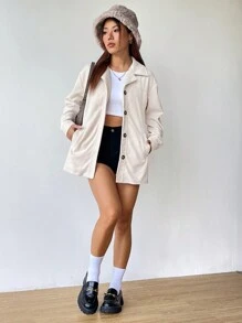 SHEIN EZwear Abrigo de hombros caídos con botón delantero - Beis - Ver 6