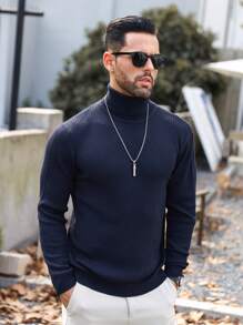 Manfinity Homme Nam Chất rắn Áo cao cổ Đồ đan Ribbed Áo len - Màu xám đen - Xem 8