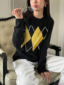 SHEIN LUNE 菱格纹落肩针织套头衫，适合秋冬季穿着 - 黑色 - 查看 4