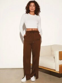 SHEIN BASICS 舒適搖粒絨腰部抽繩下擺開叉衛褲 - 咖啡棕 - 查看 5