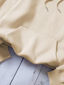 SHEIN EZwear Cartoon Cat & Letter Graphic Drawstring Thermal Lined Hoodie - Apricot - View 4