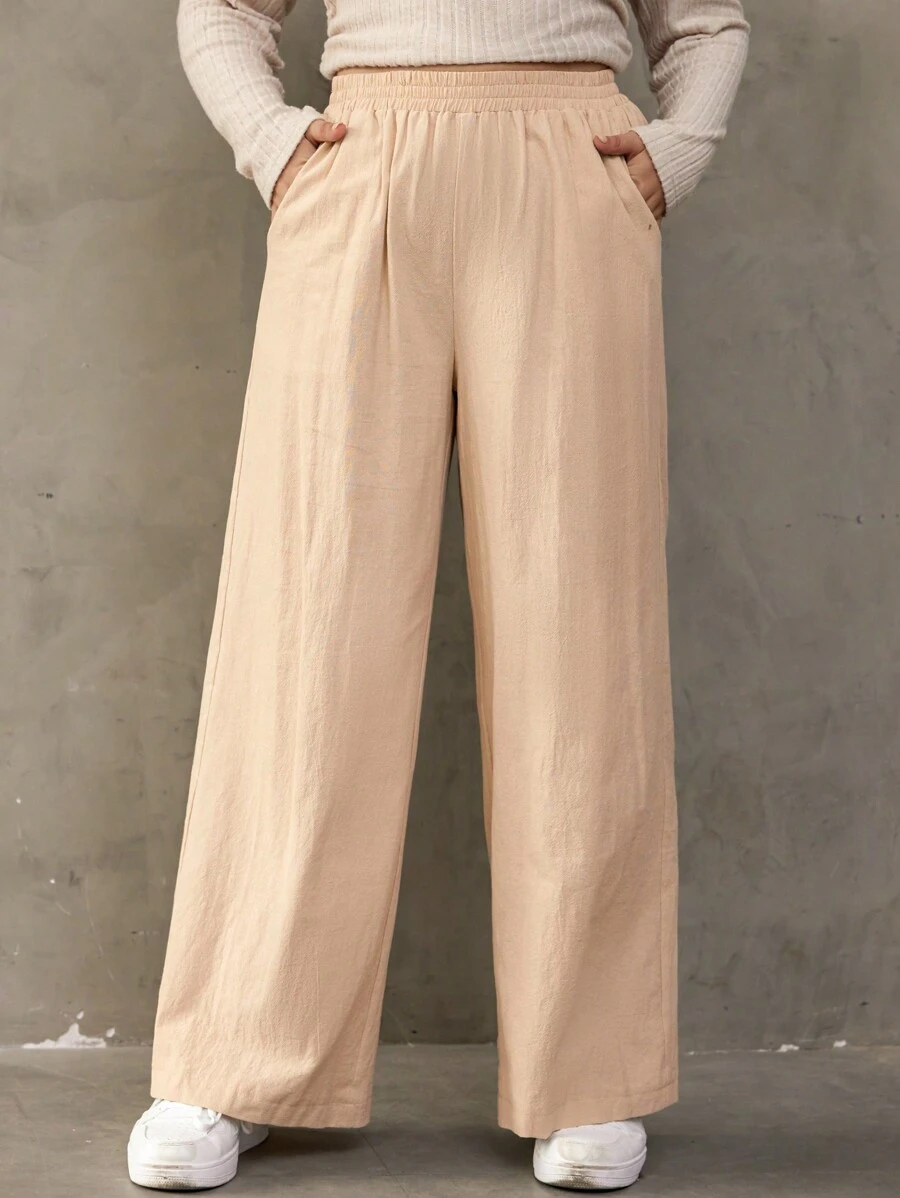 SHEIN EZwear 大碼斜口袋闊腿褲 - 杏色 - 查看 1