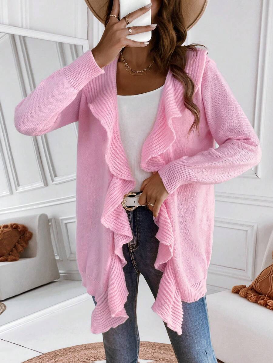 SHEIN Frenchy 荷叶边休闲设计开衫 - 粉色 - 查看 1