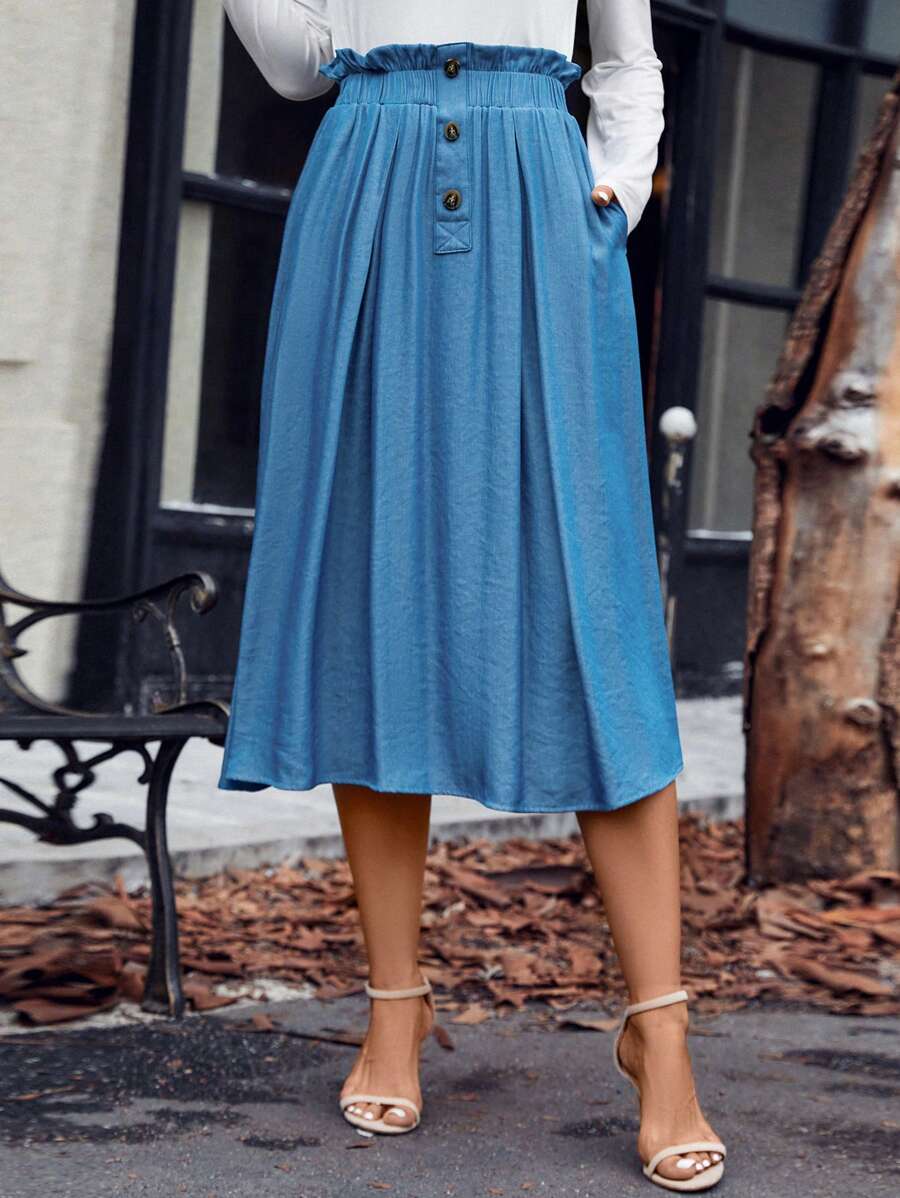SHEIN LUNE Nếp gấp cao eo Nút phía trước Túi nghiêng Váy - Màu xanh lam - Xem 1