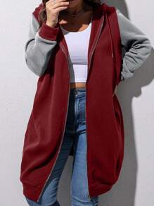 Calvaya 大码撞色落肩抽绳拉链卫衣 - 酒紅色 - 查看 4
