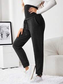 SHEIN Maternity Drawstring Waist Pants - Black - View 4