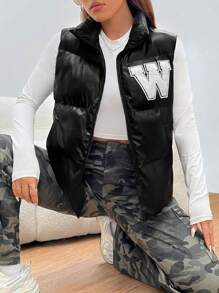 SHEIN EZwear Letter Patched Zip Up Vest Padded Coat - Black - View 1