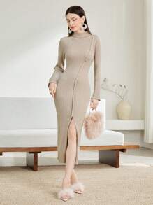 Modelyn Turtleneck Button Detail Split Thigh Sweater Dress - Khaki - View 1