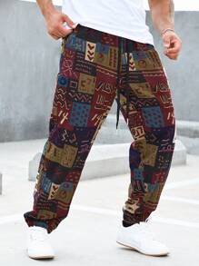 Manfinity RSRT Calças Longas Tapered Men Plus Patchwork Print com Cordão na Cintura, Gráficos Coloridos de Harém, Tamanho Casual - Multicolorido - Visão 6