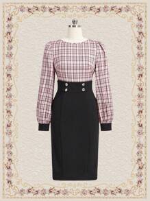 SHEIN DECDS Plaid Print Button Detail Lantern Sleeve 2 In 1 Dress - Multicolor - View 3