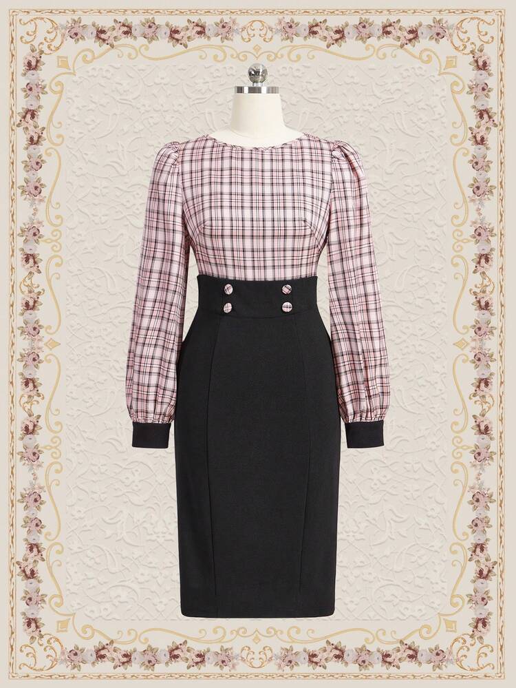 SHEIN DECDS 格紋印花紐扣細節燈籠袖假兩件洋裝 - 彩色 - 查看 3