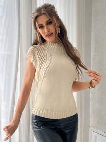 SHEIN Privé 流蘇邊小高領網眼針織毛衣背心 - 杏色 - 查看 4