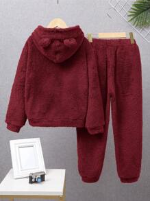 SHEIN Conjunto informal de 2 piezas para niño preadolescente con sudadera con capucha de forro polar con parches y pantalones jogger - Burdeos - Ver 2