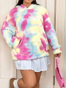 Flirla 加大码扎染袋鼠口袋落肩卫衣 - 粉色 - 查看 2