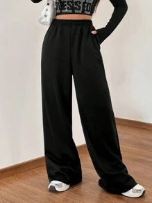 SHEIN EZwear Chất rắn Túi nghiêng quần ống rộng Quần thể thao - màu đen - Xem 1