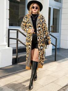 Calvaya Plus Leopard Pattern Drop Shoulder Open Front Hooded Longline Cardigan - Multicolor - View 6
