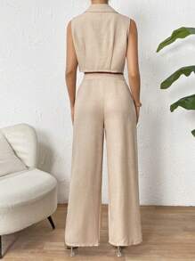 SHEIN Privé Đôi ngực Áo khoác Vest & Quần ống rộng - Màu Khaki - Xem 2