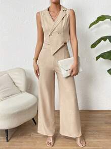 SHEIN Privé Đôi ngực Áo khoác Vest & Quần ống rộng - Màu Khaki - Xem 6