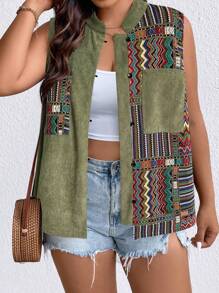 SHEIN LUNE 大碼幾何印花補丁貼口袋外套馬甲 - 軍綠色 - 查看 6