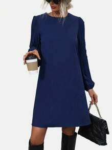 EMERY ROSE Solid Pleated Lantern Sleeve Tunic Dress - Navy Blue - View 6