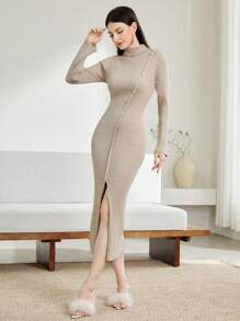 Modelyn Turtleneck Button Detail Split Thigh Sweater Dress - Khaki - View 6